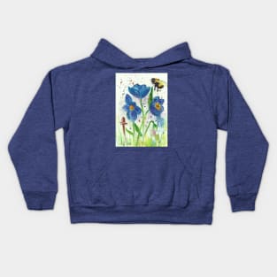 Bumble bee and blue flowers Kids Hoodie